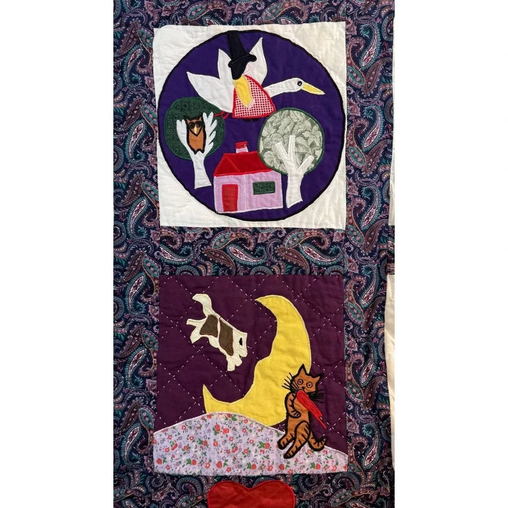 Mother Goose Handmade Nursery Rhyme Quilt  Navy Paisley Vintage **BACK STAINED**